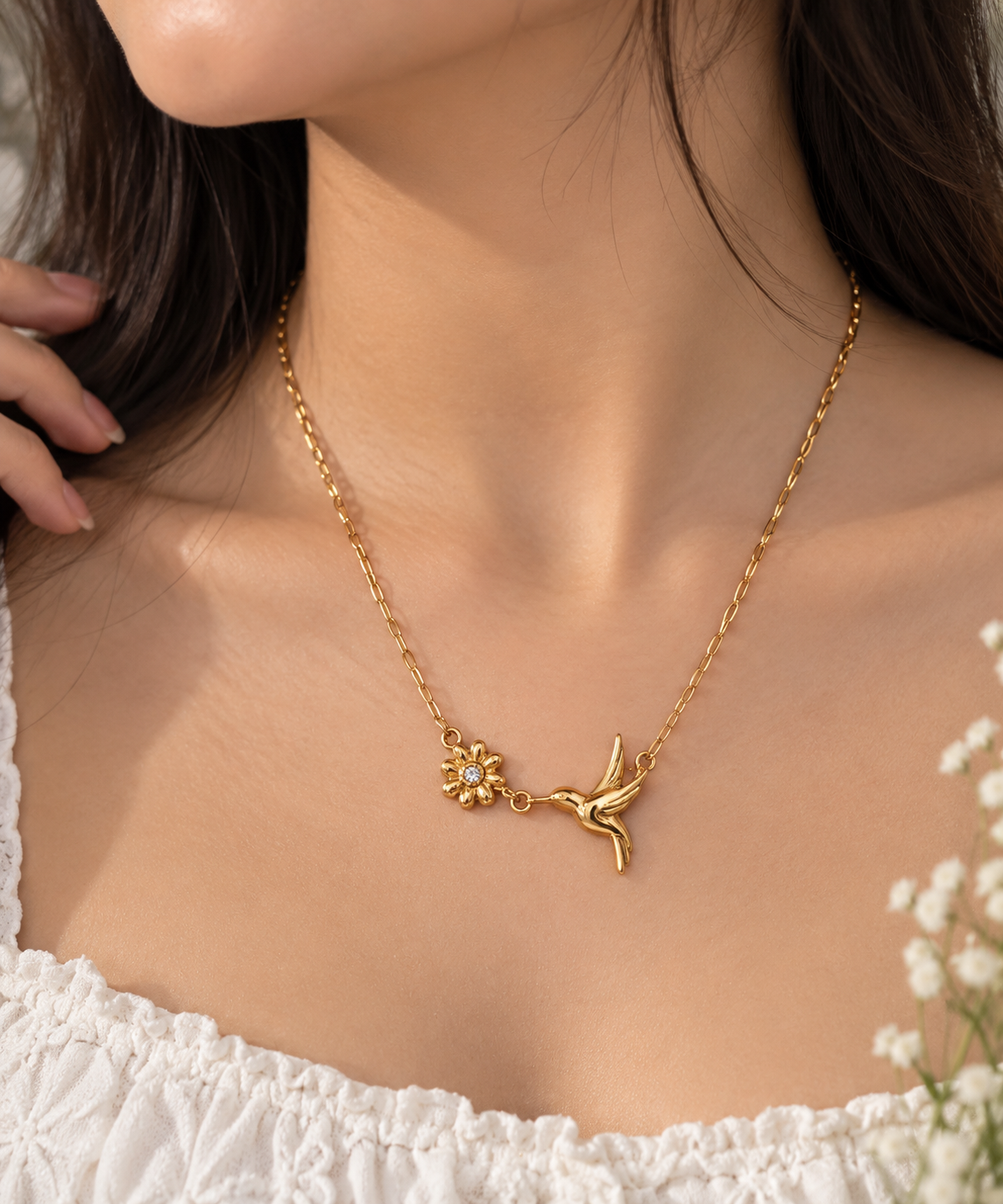 Hummingbird & Solitaire Blossom Necklace alternate angle